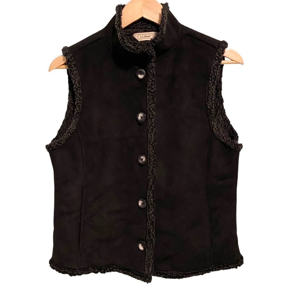 L.L. Bean Faux Suede Sherpa Vest in Black Size Petite Small